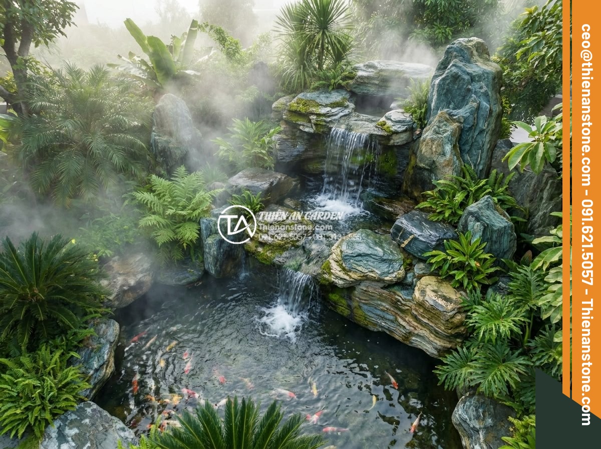 Tiểu Cảnh Thác Nước Sân Vườn - Hình 2 Tiểu Cảnh Thác Nước Sân Vườn - Aerial view of a beautifully designed garden waterfall landscape with natural st