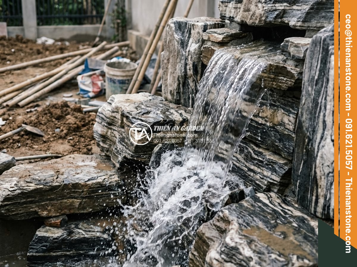 Tiểu Cảnh Thác Nước Sân Vườn - Hình 22 Tiểu Cảnh Thác Nước Sân Vườn - First water test of newly constructed garden waterfall, water beginning to flow