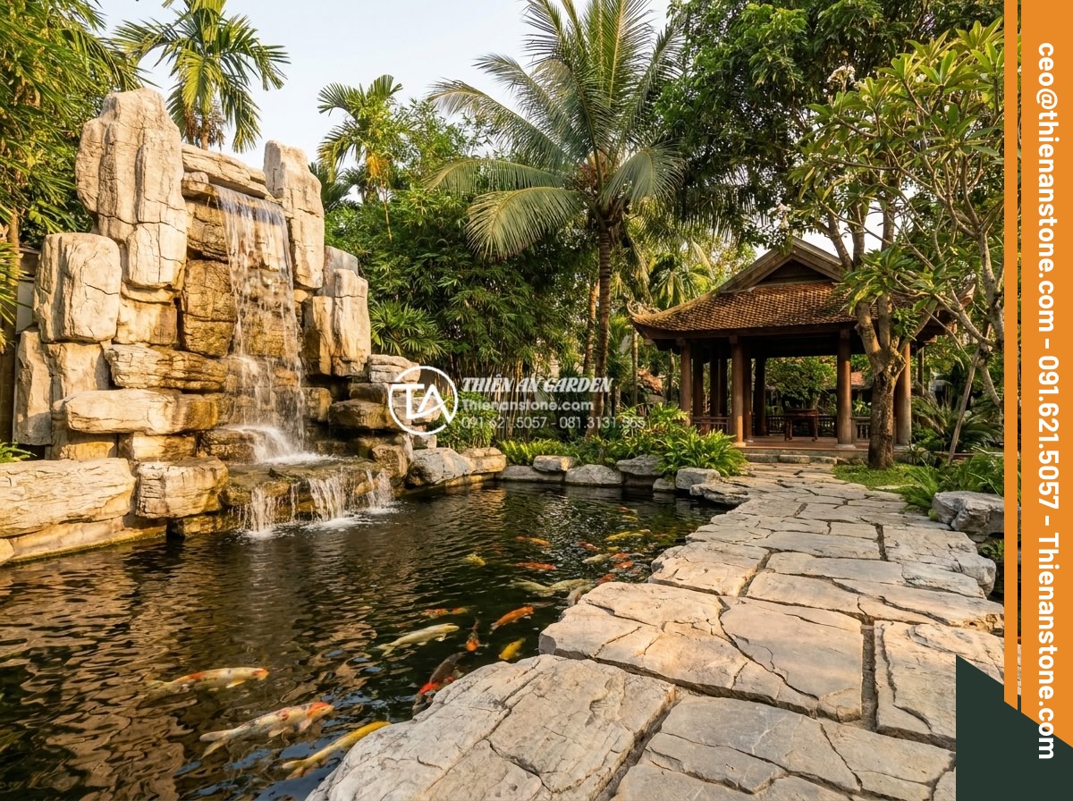 Tiểu Cảnh Thác Nước Sân Vườn - Hình 26 Tiểu Cảnh Thác Nước Sân Vườn - Grand natural stone waterfall in luxury Vietnamese villa garden, tall multi-tier