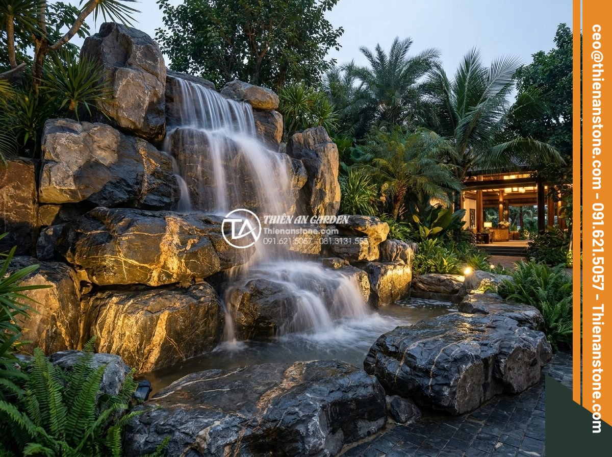Tiểu Cảnh Thác Nước Sân Vườn - Hình 28 Tiểu Cảnh Thác Nước Sân Vườn - Impressive large-scale natural stone waterfall at luxury tropical resort entranc