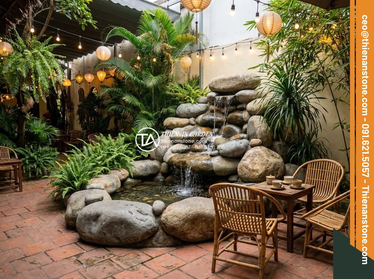 Tiểu Cảnh Thác Nước Sân Vườn - Hình 29 Tiểu Cảnh Thác Nước Sân Vườn - Charming garden cafe with natural stone waterfall feature as centerpiece, guests