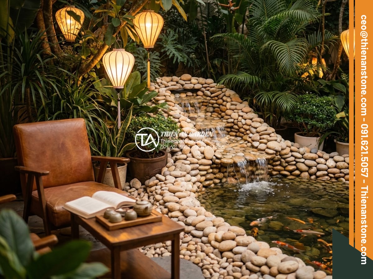 Tiểu Cảnh Thác Nước Sân Vườn - Hình 32 Tiểu Cảnh Thác Nước Sân Vườn - Family enjoying time near garden waterfall in the evening, father reading book,