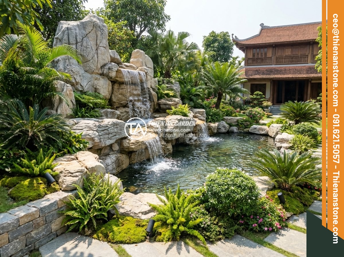 Tiểu Cảnh Thác Nước Sân Vườn - Hình 33 Tiểu Cảnh Thác Nước Sân Vườn - Completed luxury garden waterfall project with full landscaping, showing investm