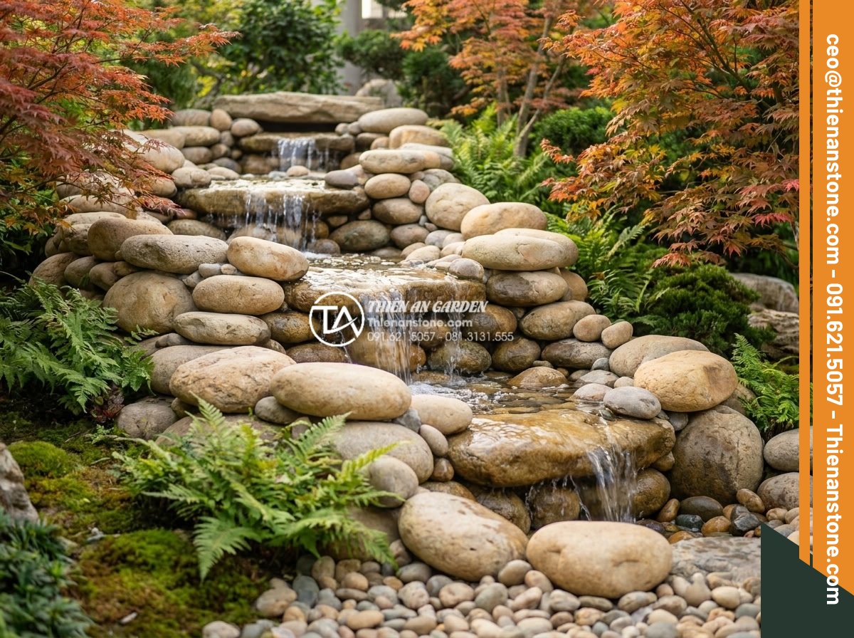 Tiểu Cảnh Thác Nước Sân Vườn - Hình 4 Tiểu Cảnh Thác Nước Sân Vườn - Natural stone waterfall garden feature with layered sedimentary rocks, water str