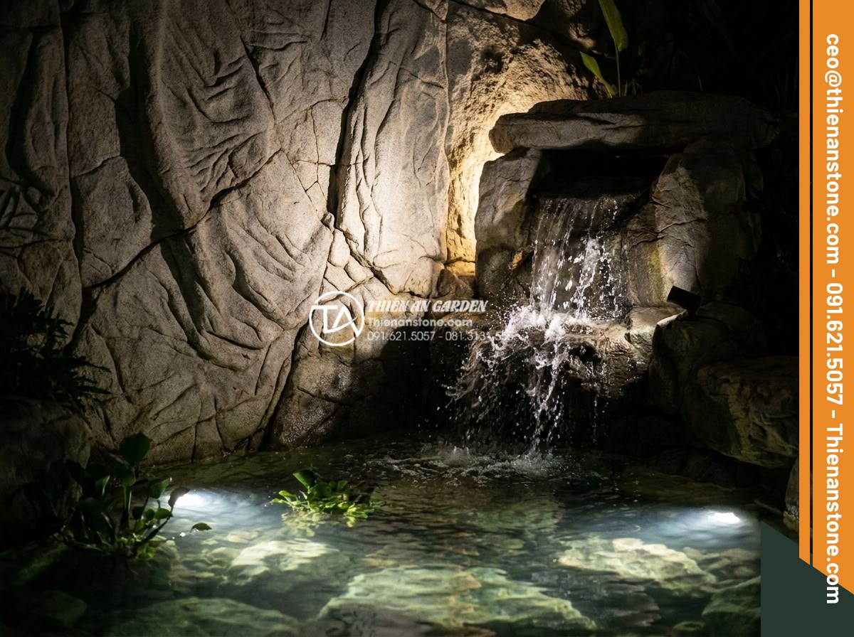 Tiểu Cảnh Thác Nước Sân Vườn - Hình 40 Tiểu Cảnh Thác Nước Sân Vườn - Three-layer lighting design on garden waterfall at night, backlight on stone wal