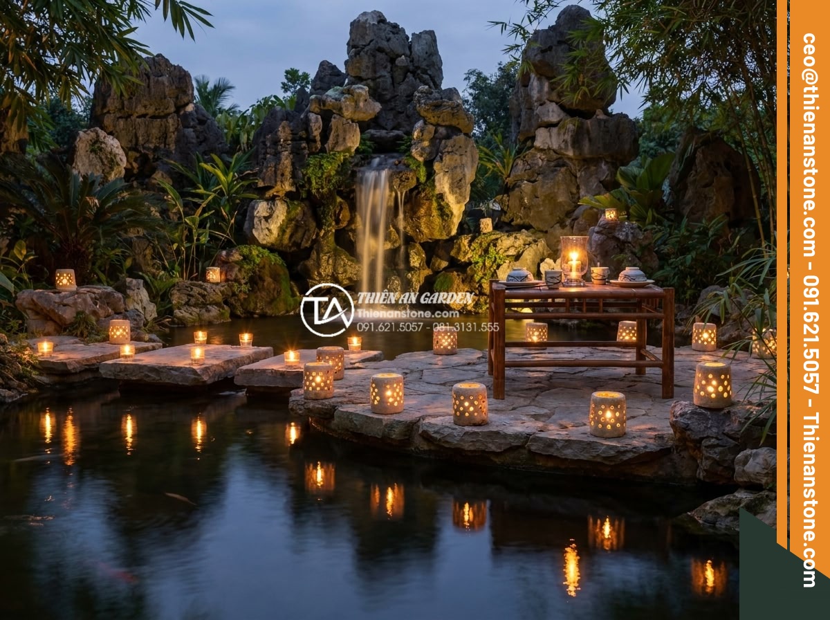 Tiểu Cảnh Thác Nước Sân Vườn - Hình 41 Tiểu Cảnh Thác Nước Sân Vườn - Romantic evening garden scene with candlelight placed around waterfall pond edge