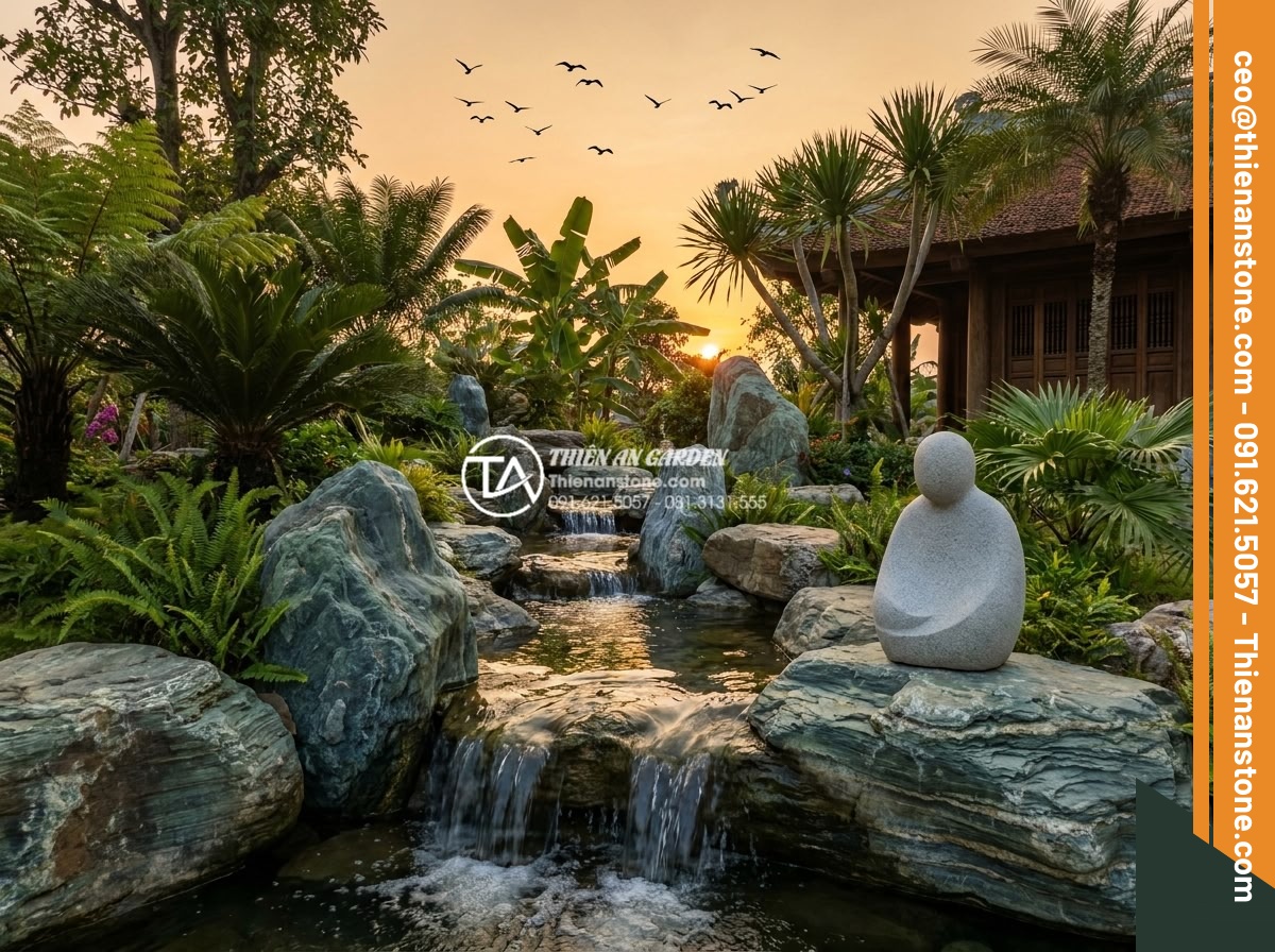 Tiểu Cảnh Thác Nước Sân Vườn - Hình 44 Tiểu Cảnh Thác Nước Sân Vườn - Stunning completed garden waterfall project at golden hour, full landscape visib