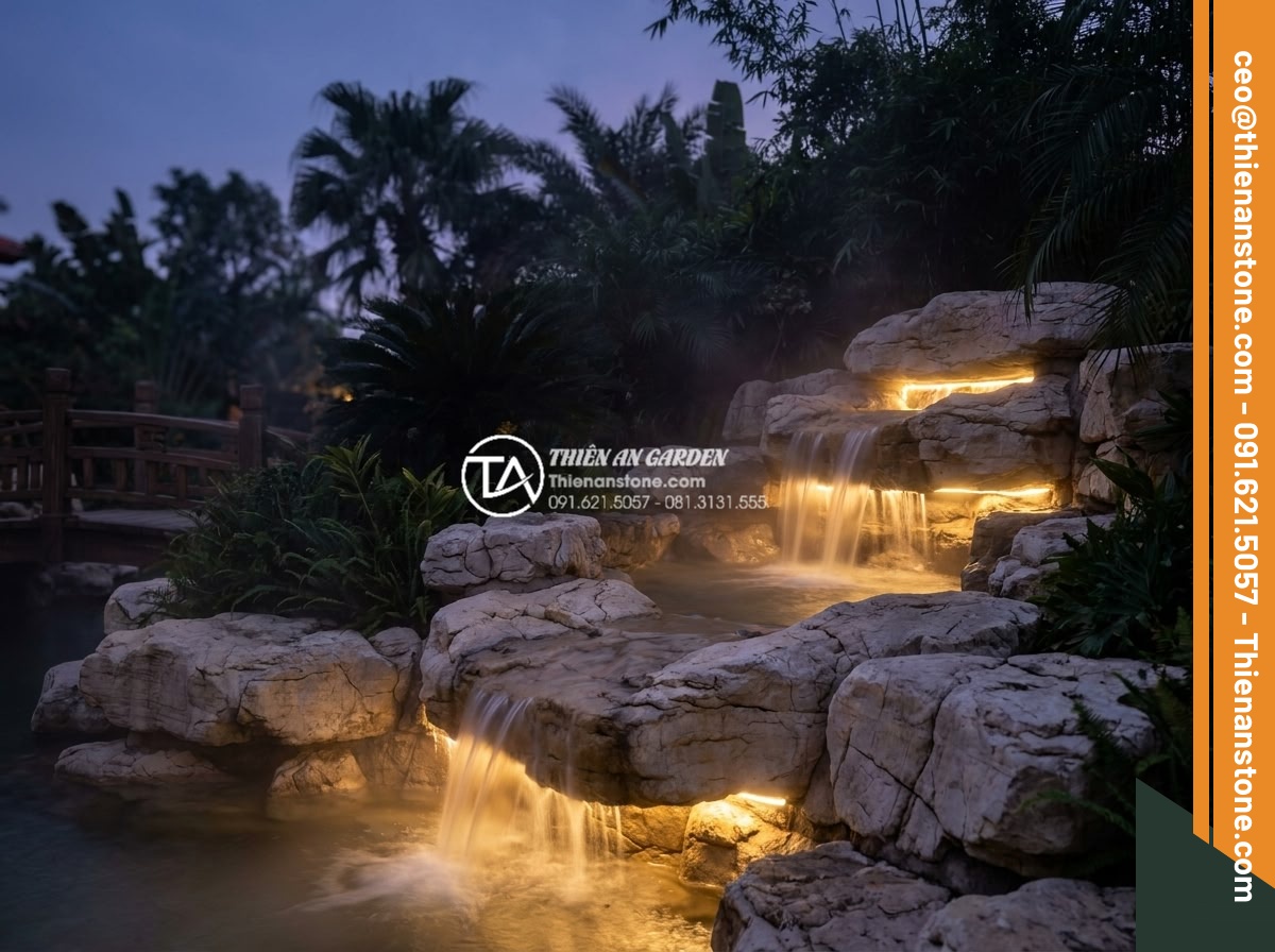 Tiểu Cảnh Thác Nước Sân Vườn - Hình 5 Tiểu Cảnh Thác Nước Sân Vườn - Evening scene of illuminated garden waterfall with LED lighting hidden in rock c
