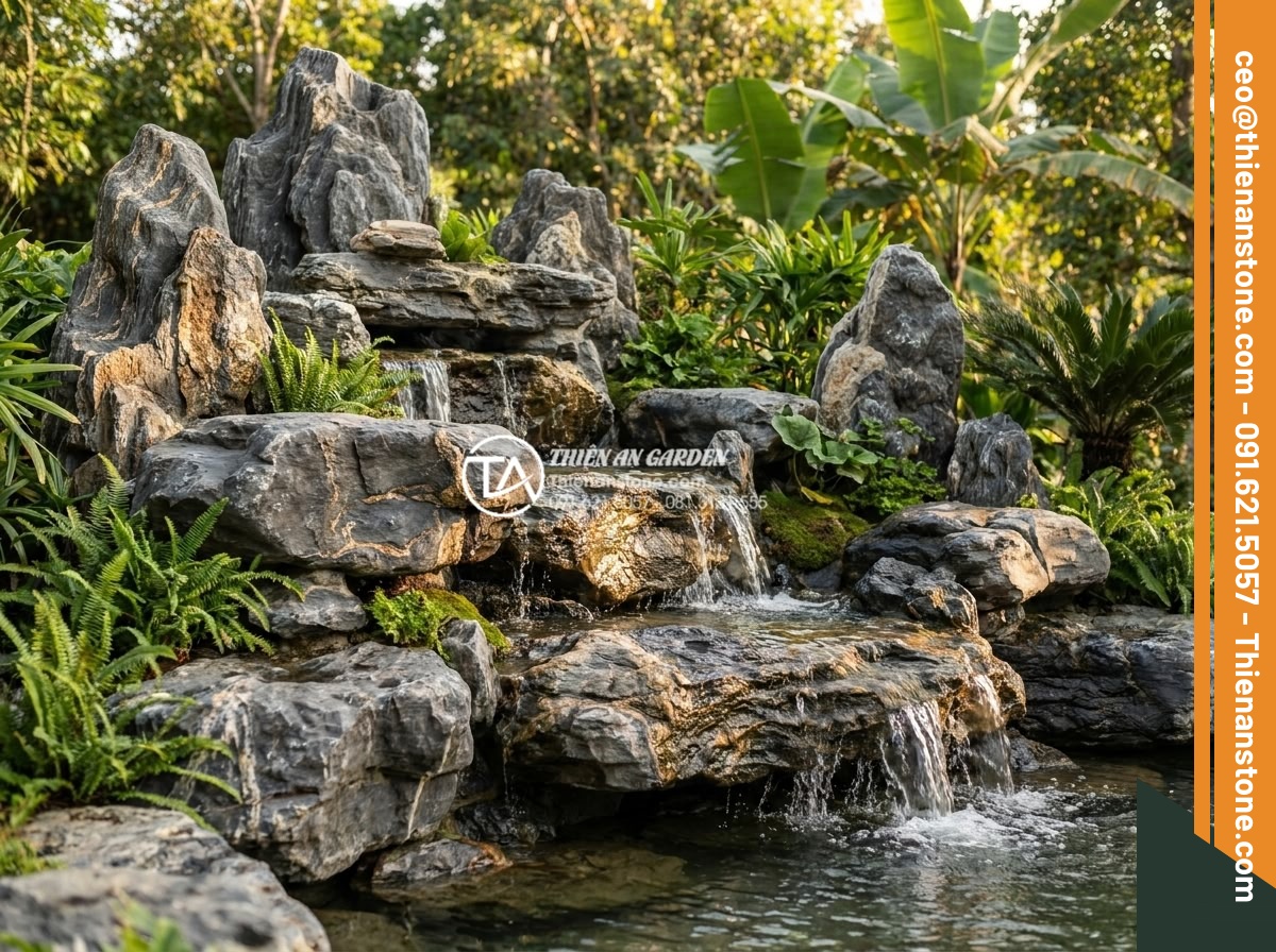 Tiểu Cảnh Thác Nước Sân Vườn - Hình 7 Tiểu Cảnh Thác Nước Sân Vườn - Multi-tiered natural stone waterfall in expansive Vietnamese garden, large irreg