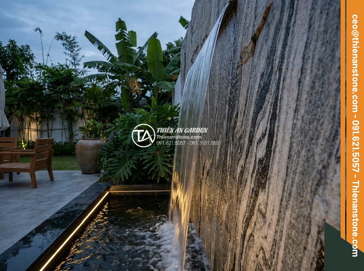 Tiểu Cảnh Thác Nước Sân Vườn - Hình 8 Tiểu Cảnh Thác Nước Sân Vườn - Modern stone wall waterfall feature in contemporary villa garden, water sheet fl