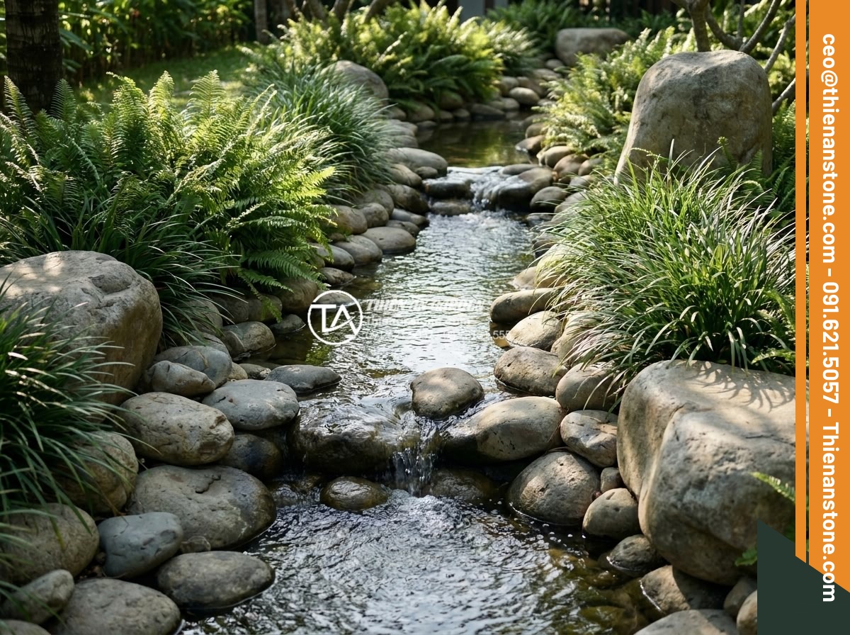 Tiểu Cảnh Thác Nước Sân Vườn - Hình 9 Tiểu Cảnh Thác Nước Sân Vườn - Winding artificial stream with natural pebbles and boulders in tropical villa ga