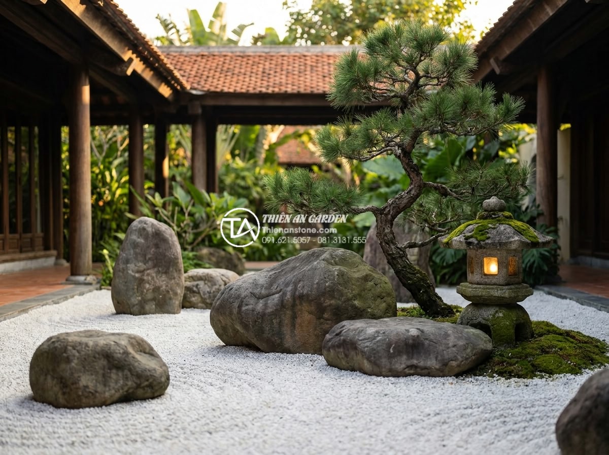Tiểu Cảnh Thiền (Zen) - Ultra realistic zen garden miniature landscape with white gravel raked in circul