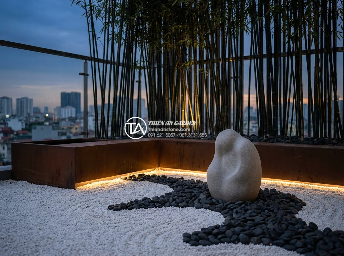 Tiểu Cảnh Thiền (Zen) - Modern minimalist zen garden in contemporary Vietnamese penthouse terrace, black