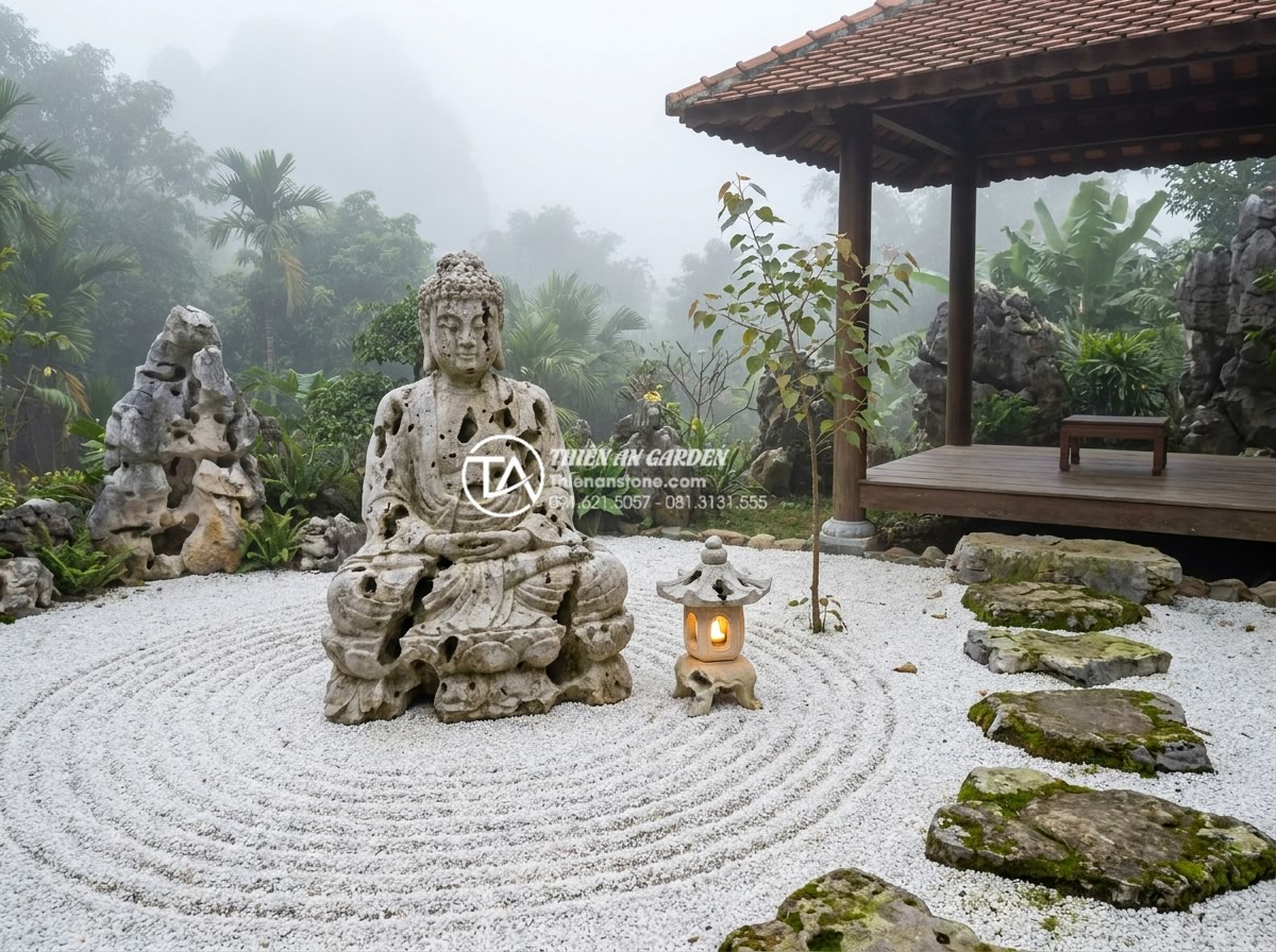 Tiểu Cảnh Thiền (Zen) - Zen monastery style garden with natural stone Buddha statue surrounded by white 