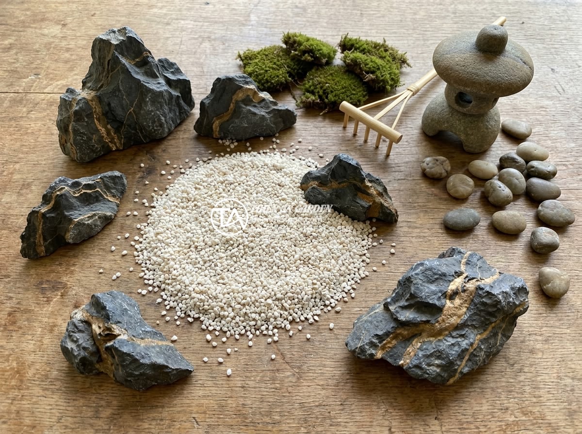 Tiểu Cảnh Thiền (Zen) - Flat lay arrangement of zen garden materials, white gravel, dark natural stones 