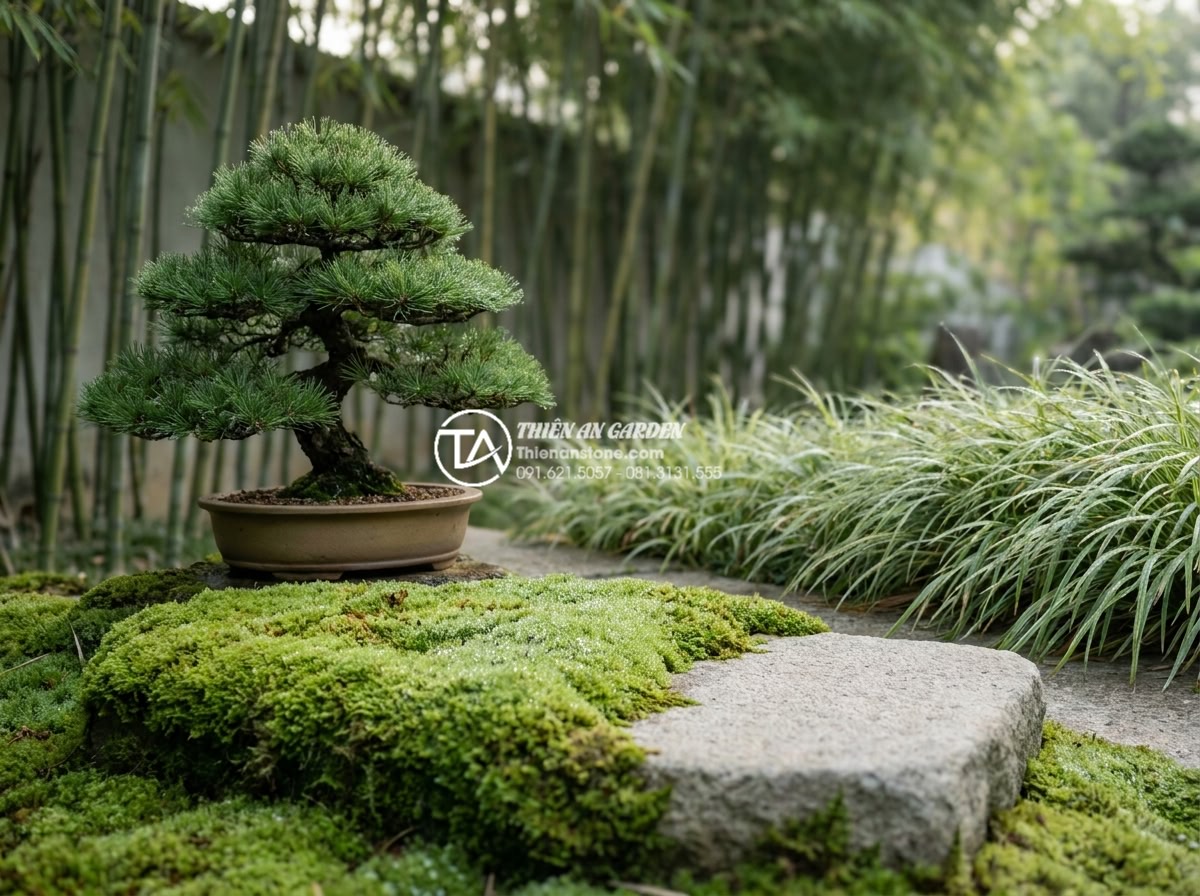 Tiểu Cảnh Thiền (Zen) - Zen garden plant details showing moss-covered stepping stone, miniature Japanese