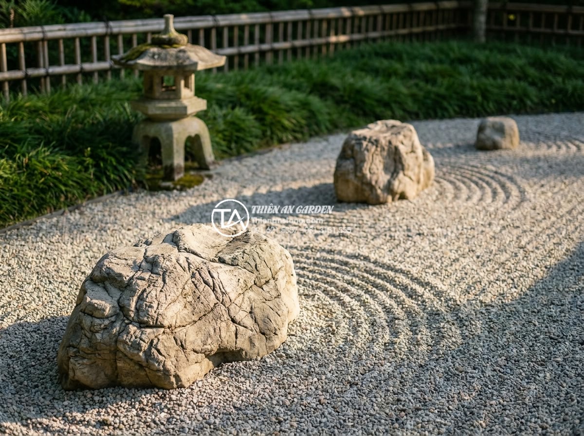 Tiểu Cảnh Thiền (Zen) - Side angle view of zen garden stone composition showing depth and perspective, l