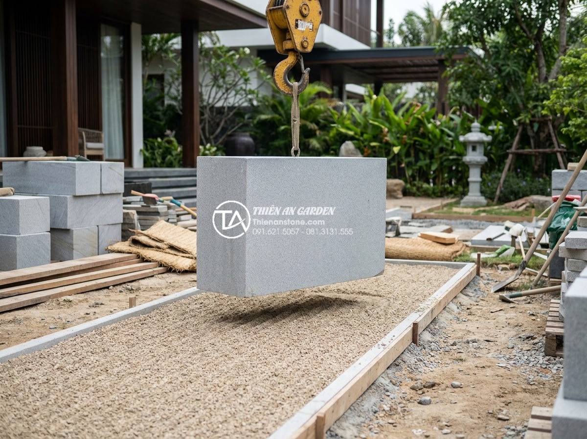 Tiểu Cảnh Thiền (Zen) - Professional landscape team installing zen garden in luxury villa, workers caref
