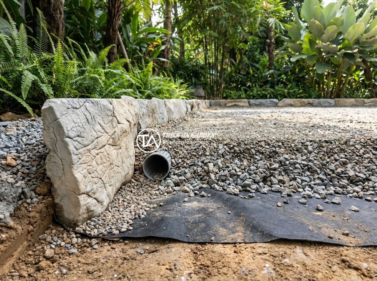 Tiểu Cảnh Thiền (Zen) - Zen garden construction foundation preparation, cross-section view showing layer