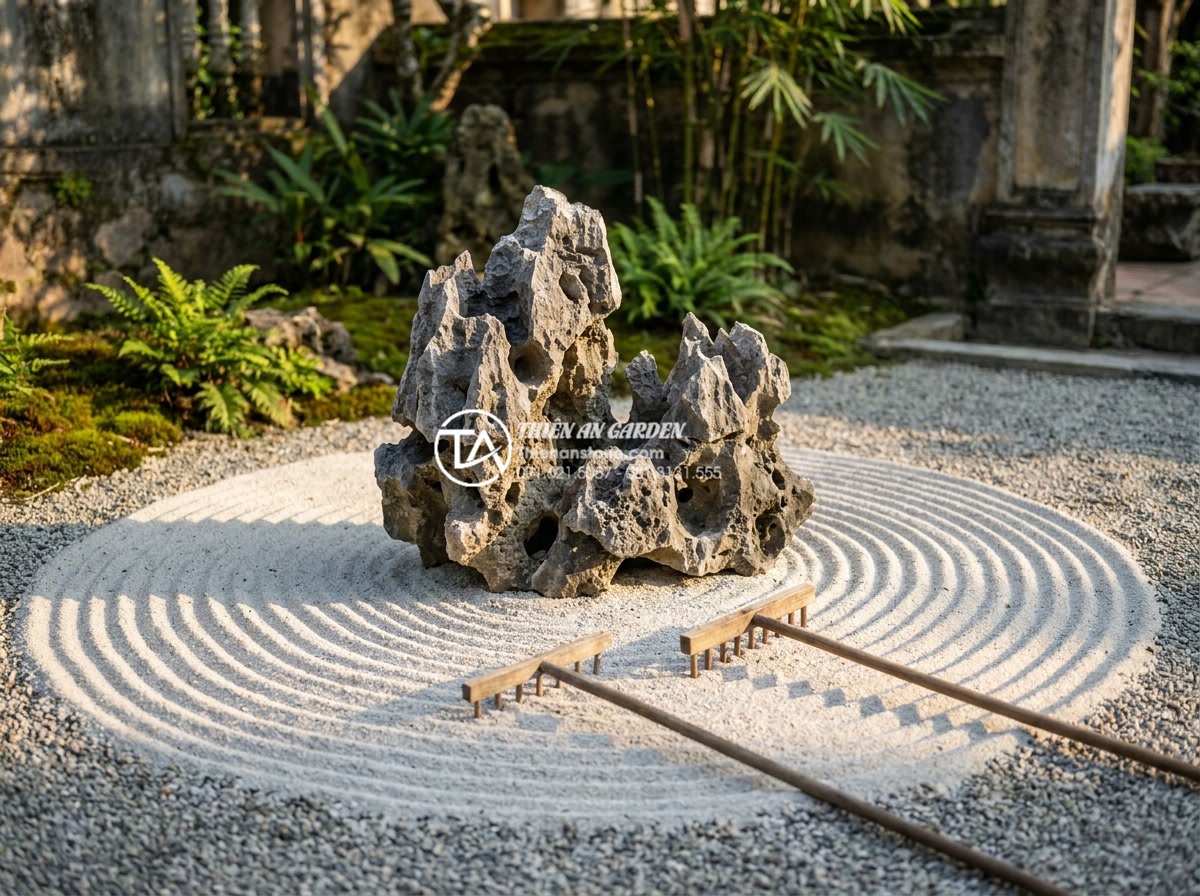 Tiểu Cảnh Thiền (Zen) - Master gardener raking zen garden gravel in precise circular patterns around sto