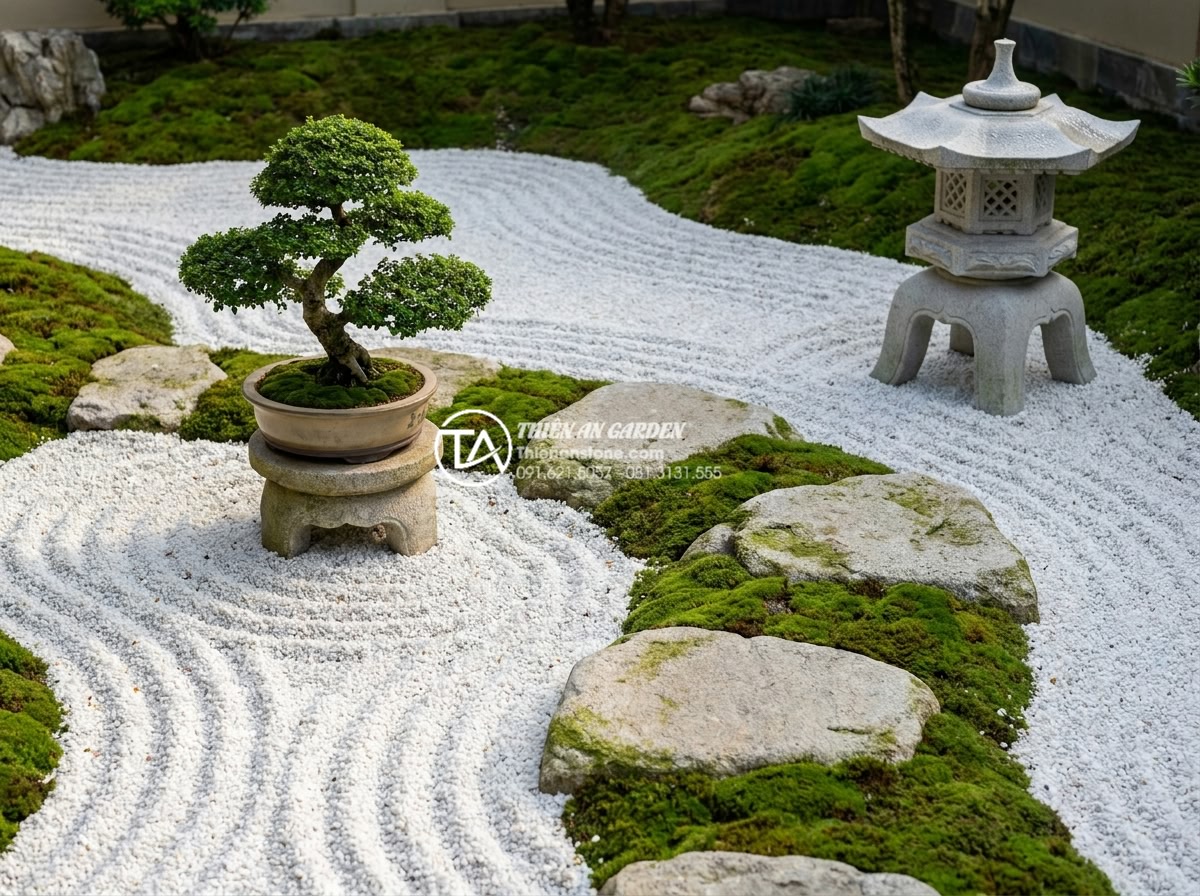 Tiểu Cảnh Thiền (Zen) - Well-maintained zen garden after morning care routine, freshly raked white grave