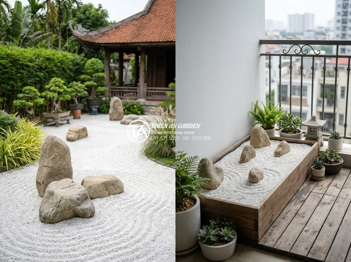 Tiểu Cảnh Thiền (Zen) - Split comparison image showing zen garden in different scales, large estate zen 