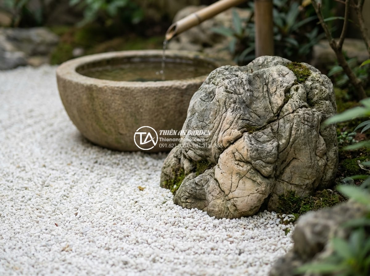 Tiểu Cảnh Thiền (Zen) - Close-up of zen garden details showing white gravel texture with precise circula