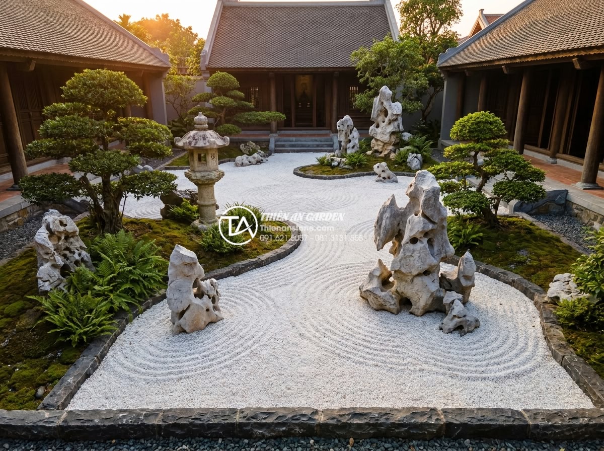 Tiểu Cảnh Thiền (Zen) - Completed luxury zen garden project in Vietnamese villa, final result photograph