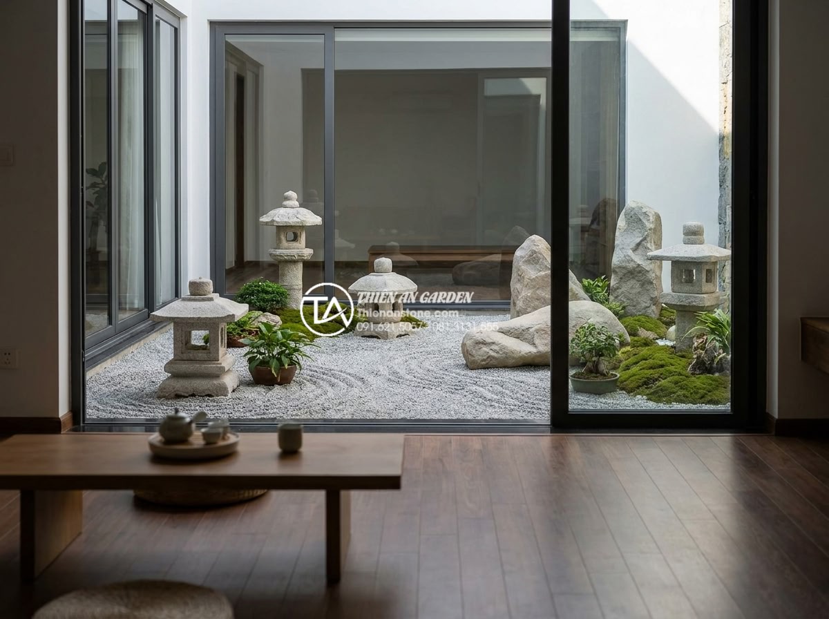 Tiểu Cảnh Thiền (Zen) - View of zen garden through large glass sliding door from modern living room inte