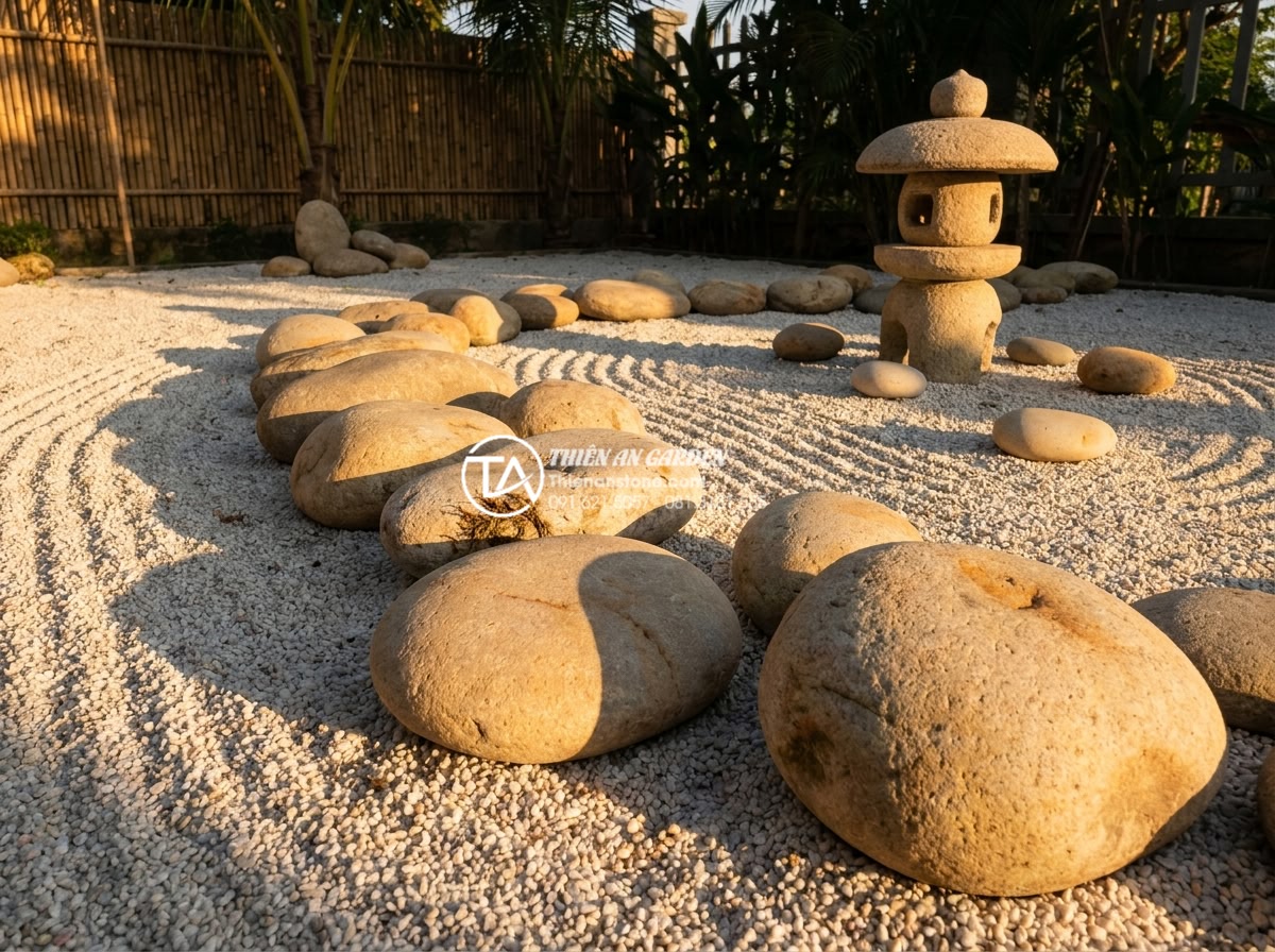 Tiểu Cảnh Thiền (Zen) - Zen garden during golden hour sunset, warm amber light illuminating stone surfac