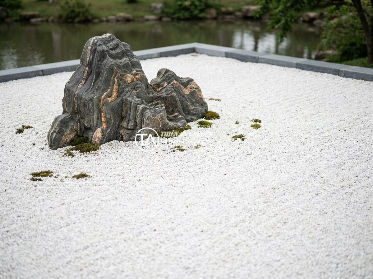 Tiểu Cảnh Thiền (Zen) - Minimalist zen garden showing the concept of Ma empty space, vast expanse of whi