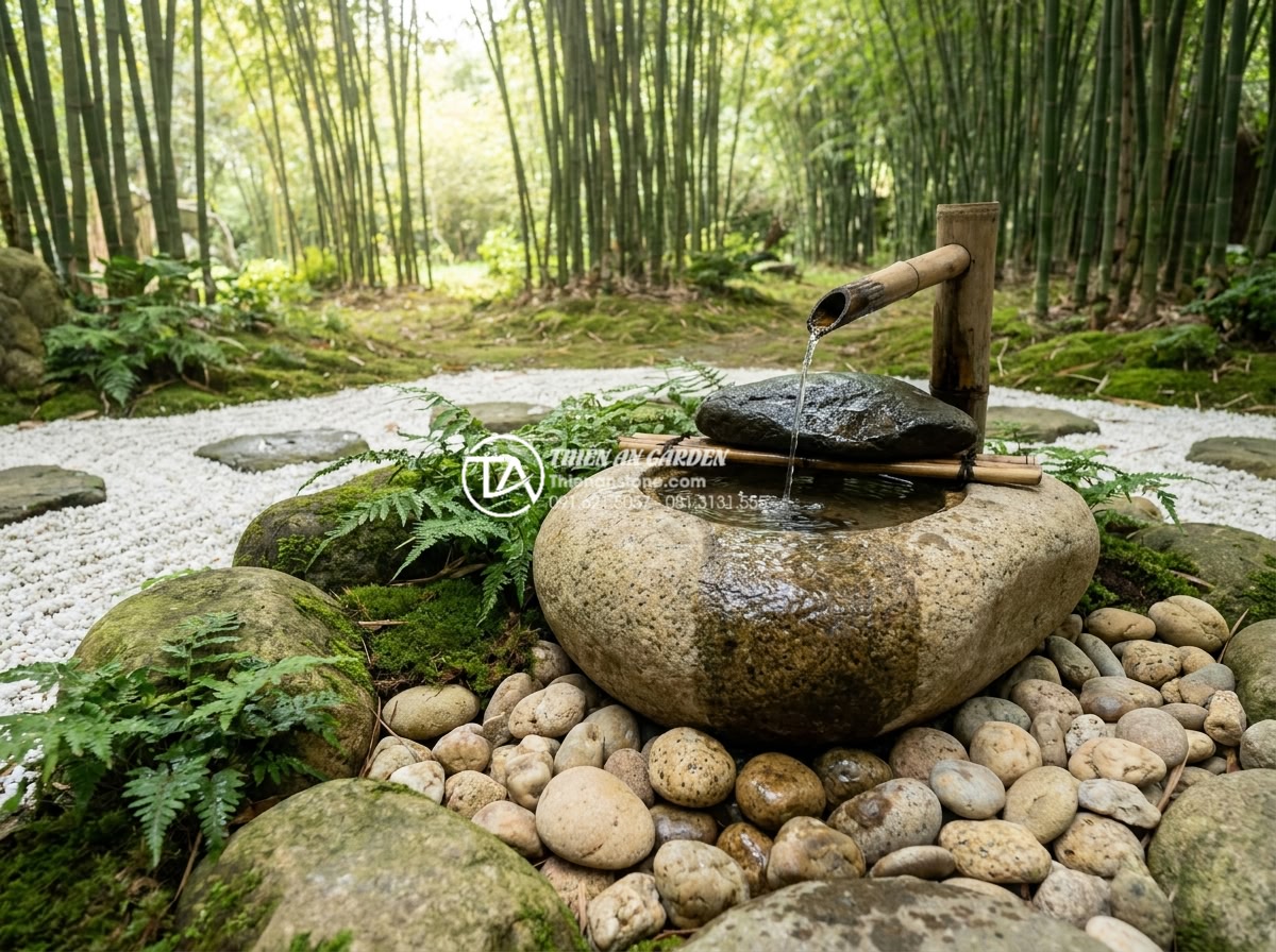 Tiểu Cảnh Thiền (Zen) - Zen garden with water feature, small natural stone basin tsukubai with bamboo wa