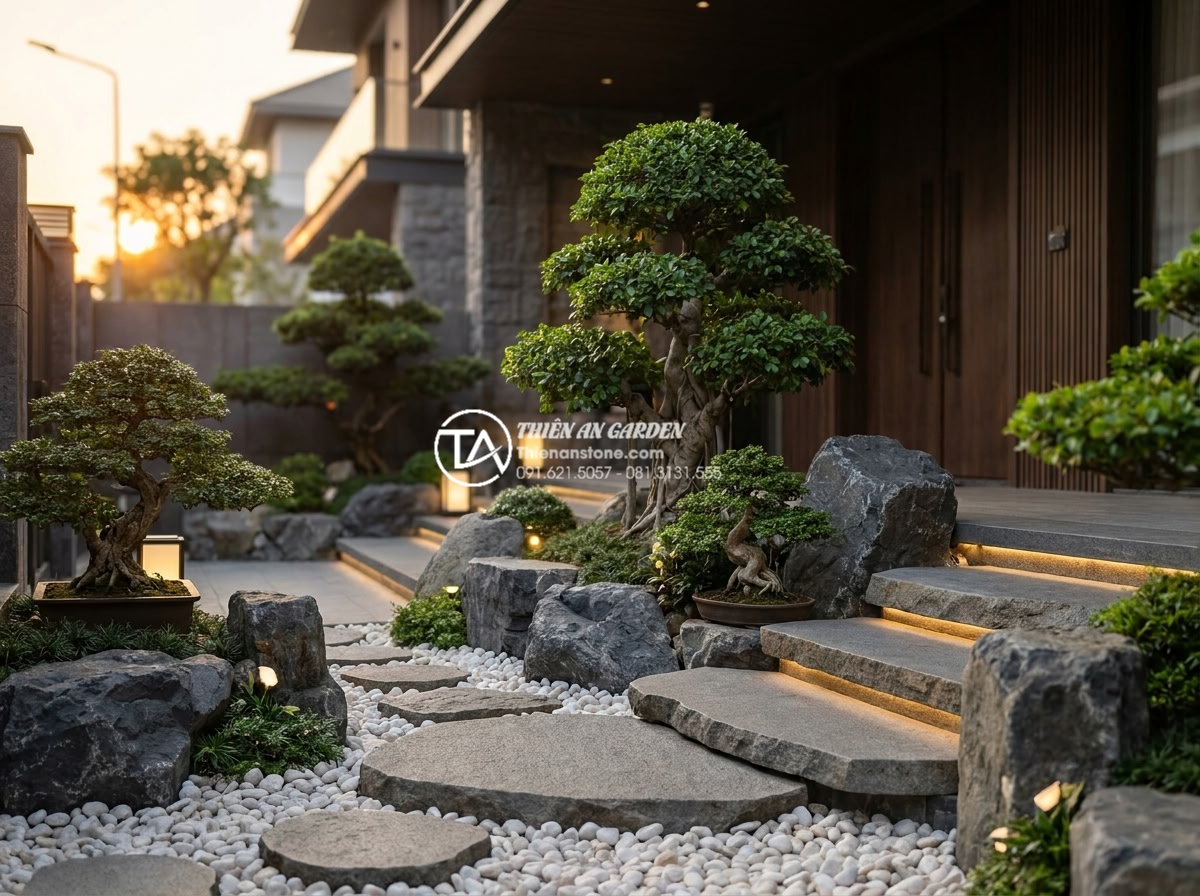 Tiểu Cảnh Trước Nhà - Hình 1 Tiểu Cảnh Trước Nhà - Ultra realistic architectural photography of a beautiful front yard miniature la