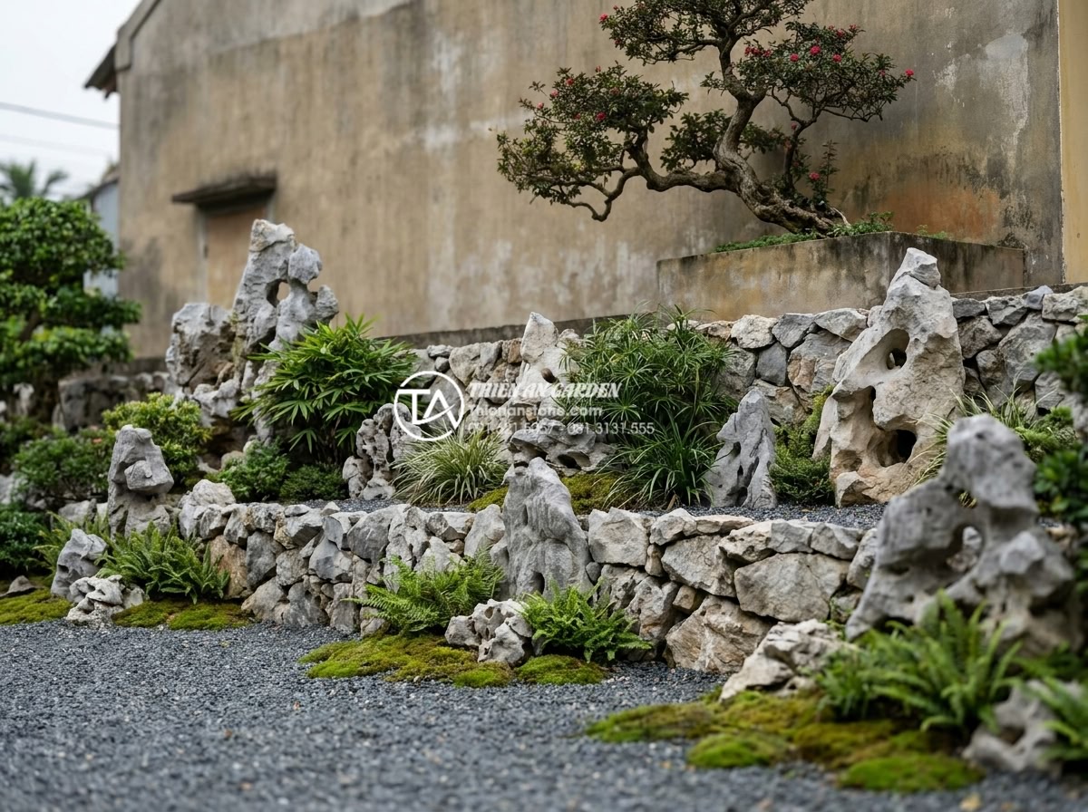 Tiểu Cảnh Trước Nhà - Hình 18 Tiểu Cảnh Trước Nhà - Layered front yard landscape design showing three-tier composition, ground level