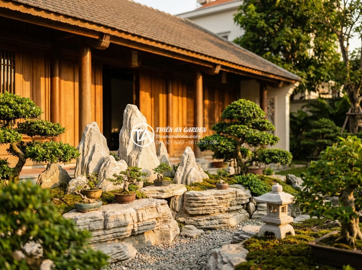 Tiểu Cảnh Trước Nhà - Hình 19 Tiểu Cảnh Trước Nhà - Harmonious front yard miniature landscape matching with house architecture, warm
