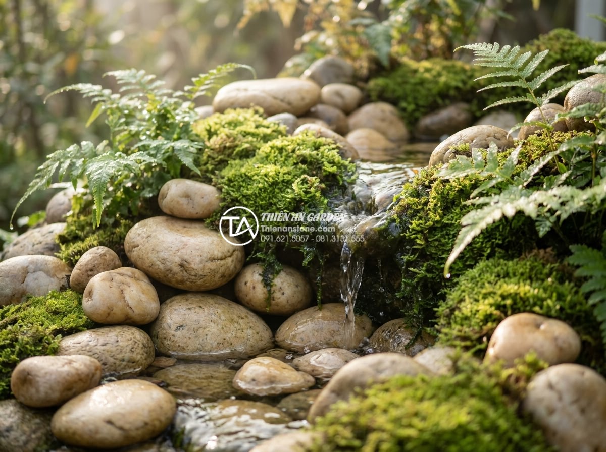 Tiểu Cảnh Trước Nhà - Hình 2 Tiểu Cảnh Trước Nhà - Close-up detail of natural stone arrangement in front yard garden vignette, moss