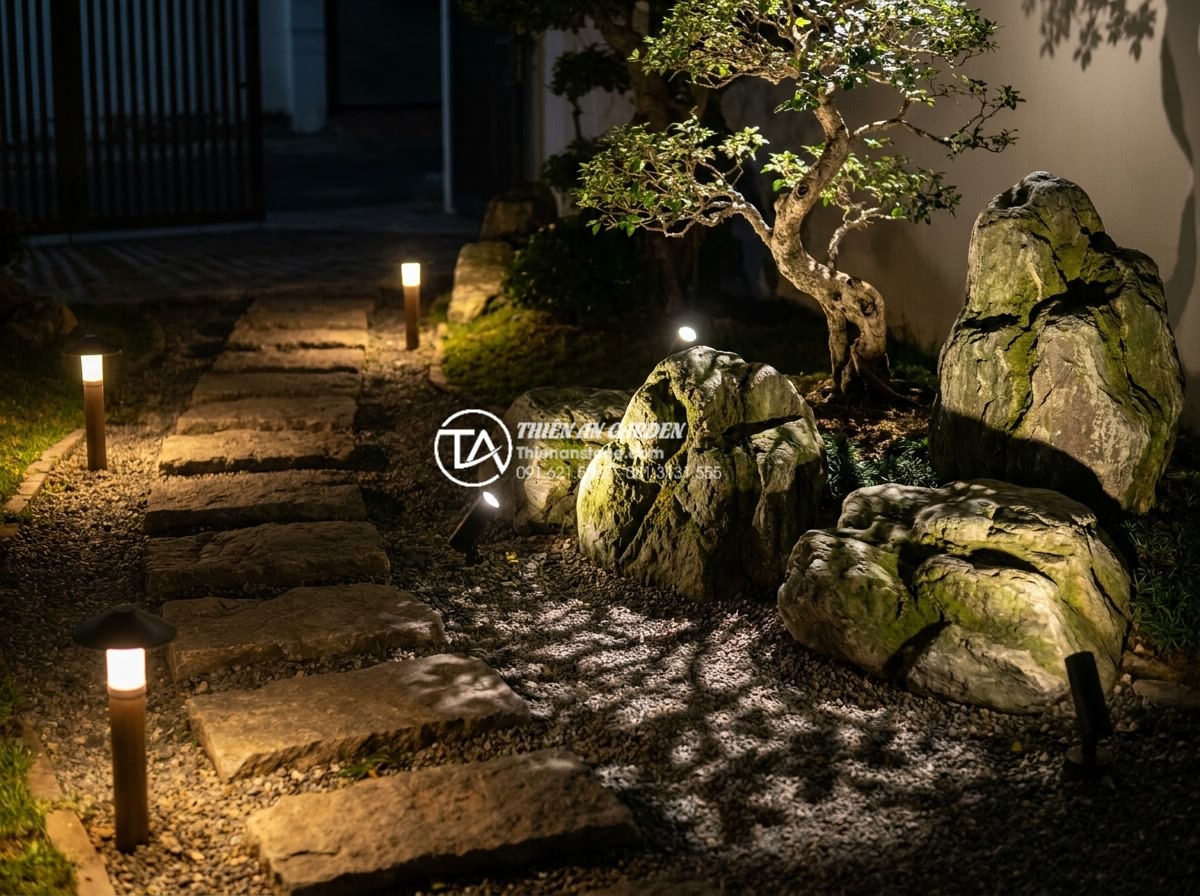 Tiểu Cảnh Trước Nhà - Hình 28 Tiểu Cảnh Trước Nhà - Front yard miniature landscape with complete lighting design at night, combinati