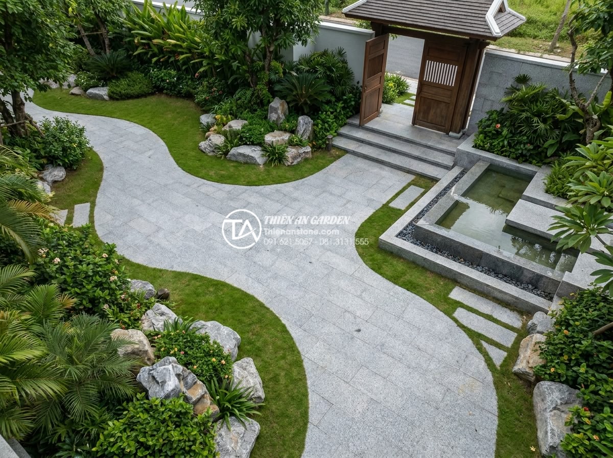 Tiểu Cảnh Trước Nhà - Hình 34 Tiểu Cảnh Trước Nhà - Sequential journey through villa front yard landscape, stone path curving past r