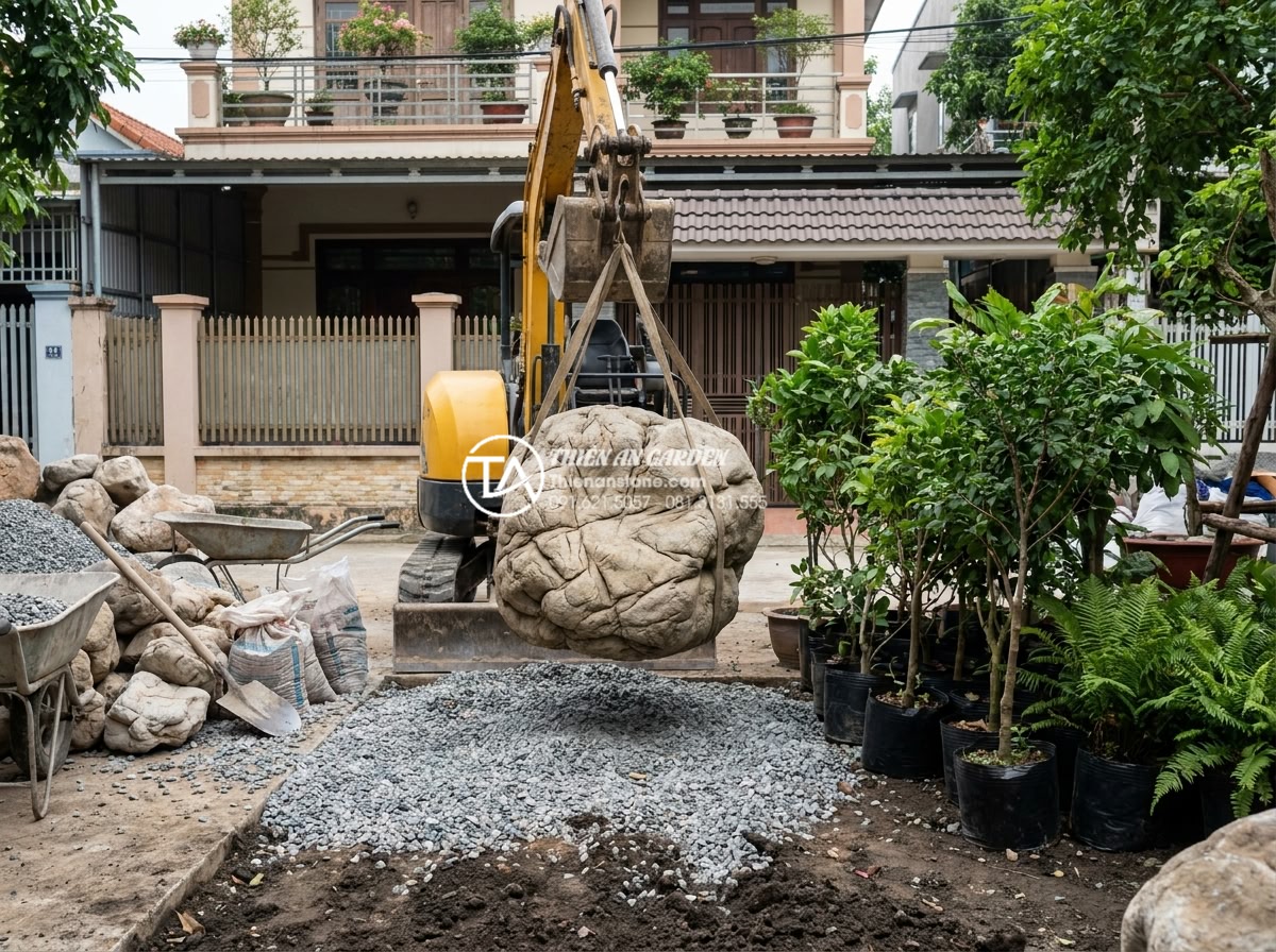 Tiểu Cảnh Trước Nhà - Hình 38 Tiểu Cảnh Trước Nhà - Professional landscape construction team installing natural stones in front yard