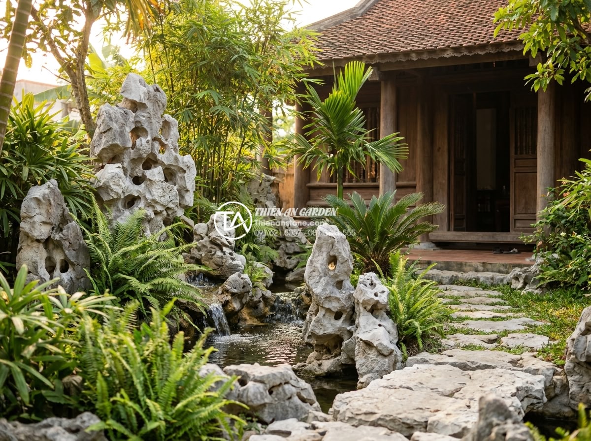 Tiểu Cảnh Trước Nhà - Hình 4 Tiểu Cảnh Trước Nhà - Psychological calming front yard garden scene with natural stone, flowing water