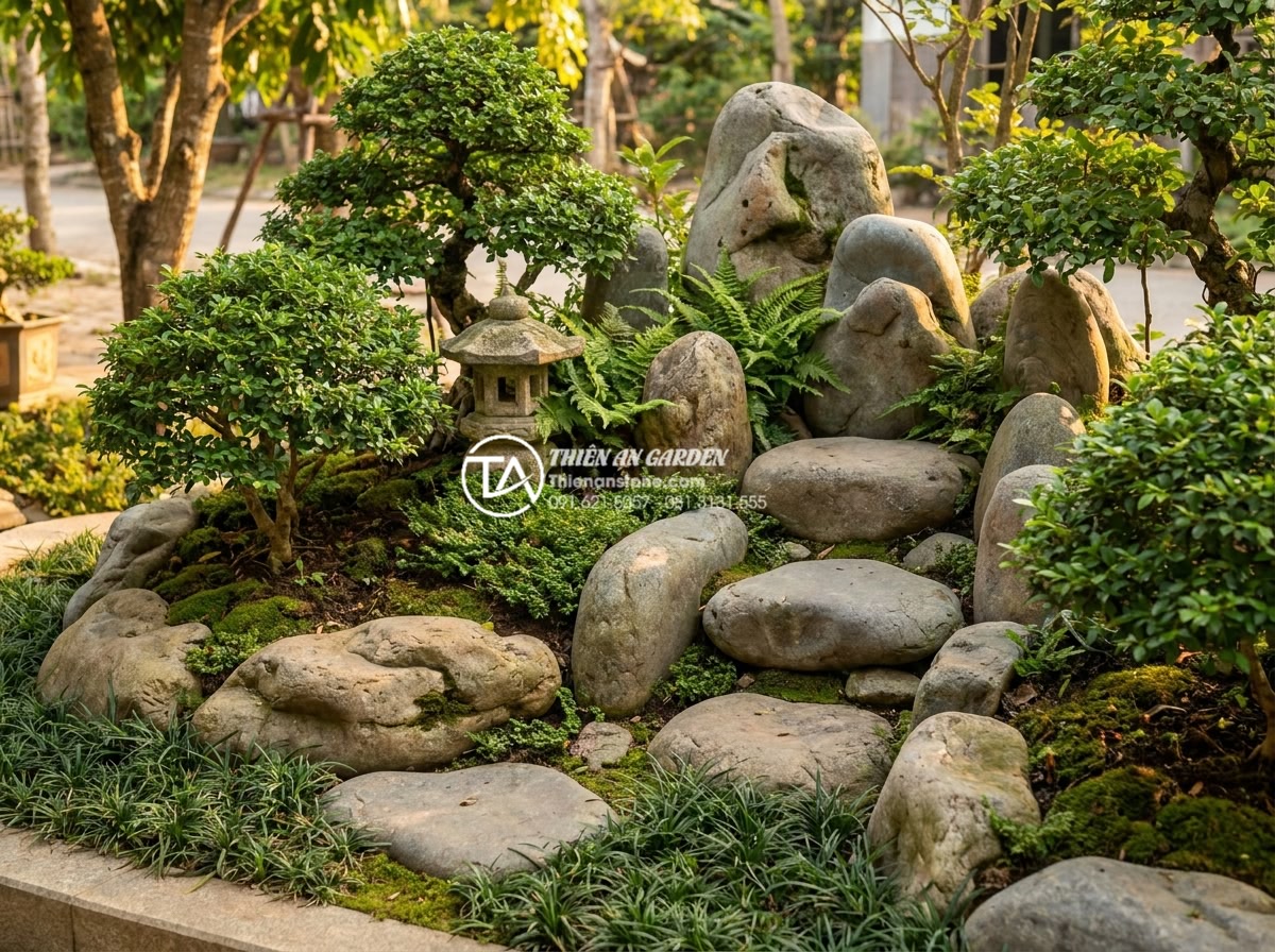 Tiểu Cảnh Trước Nhà - Hình 45 Tiểu Cảnh Trước Nhà - Completed front yard miniature landscape after settling period, stones with begi