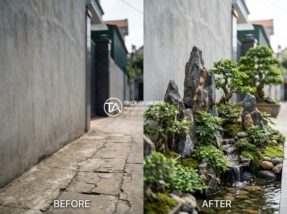 Tiểu Cảnh Trước Nhà - Hình 5 Tiểu Cảnh Trước Nhà - Before and after comparison of a house entrance, left side bare concrete, right