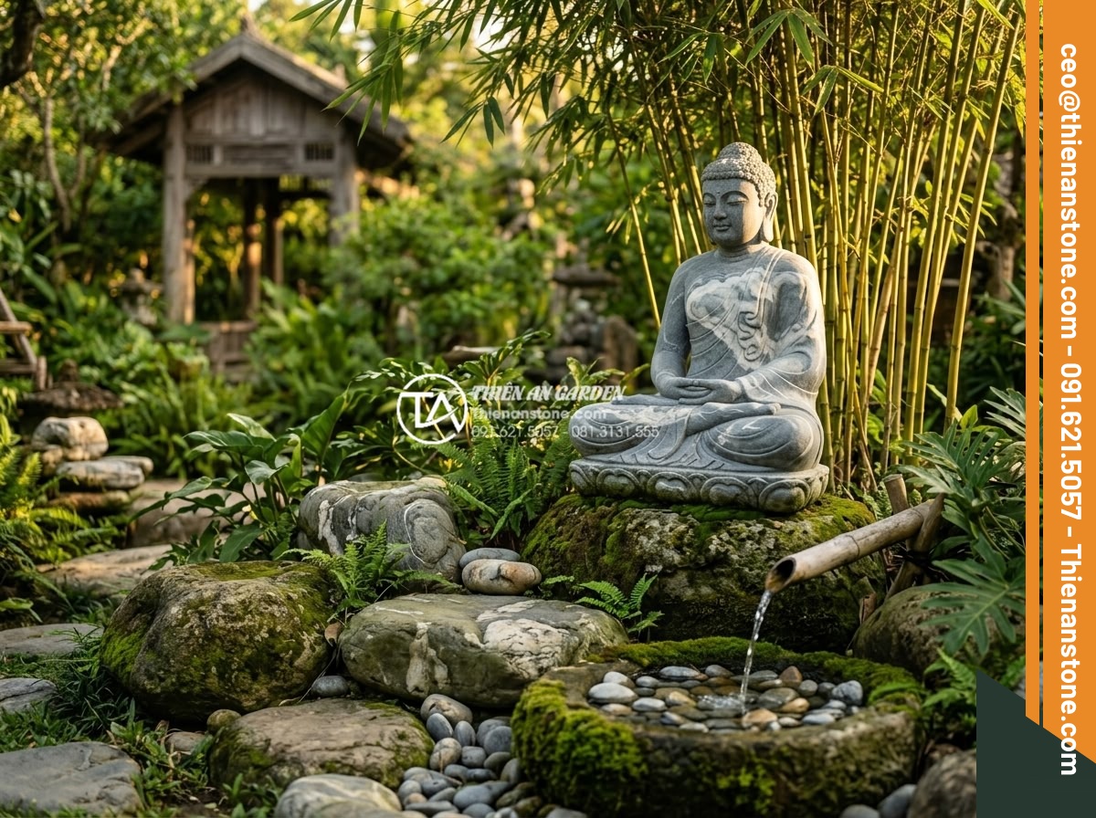 Tiểu Cảnh Tượng Phật - Hình 1 Tiểu Cảnh Tượng Phật - Serene Buddha stone statue in a lush Vietnamese garden, surrounded by moss-cover