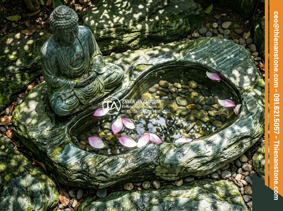 Tiểu Cảnh Tượng Phật - Hình 11 Tiểu Cảnh Tượng Phật - Aerial close view of stone Buddha statue next to shallow water basin with floati