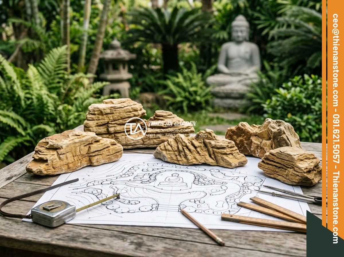 Tiểu Cảnh Tượng Phật - Hình 12 Tiểu Cảnh Tượng Phật - Landscape architect planning Buddha garden layout with sketches, natural stone s