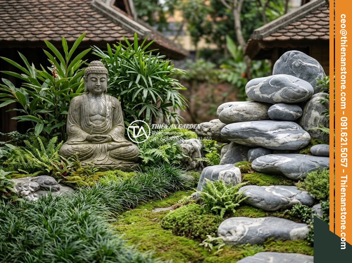 Tiểu Cảnh Tượng Phật - Hình 13 Tiểu Cảnh Tượng Phật - Asymmetric Buddha garden composition showing stone statue offset to one-third po