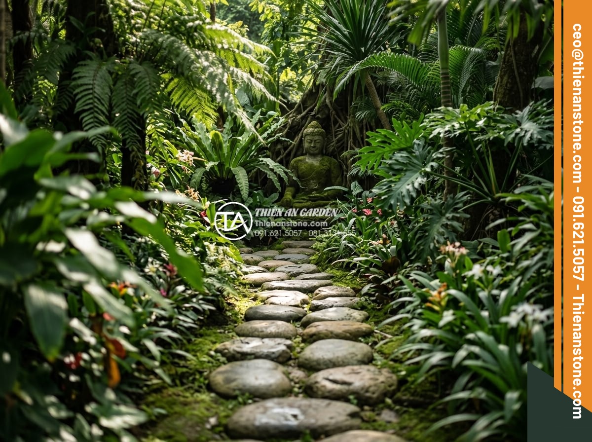Tiểu Cảnh Tượng Phật - Hình 14 Tiểu Cảnh Tượng Phật - Stone stepping path winding through garden leading to hidden Buddha statue, part