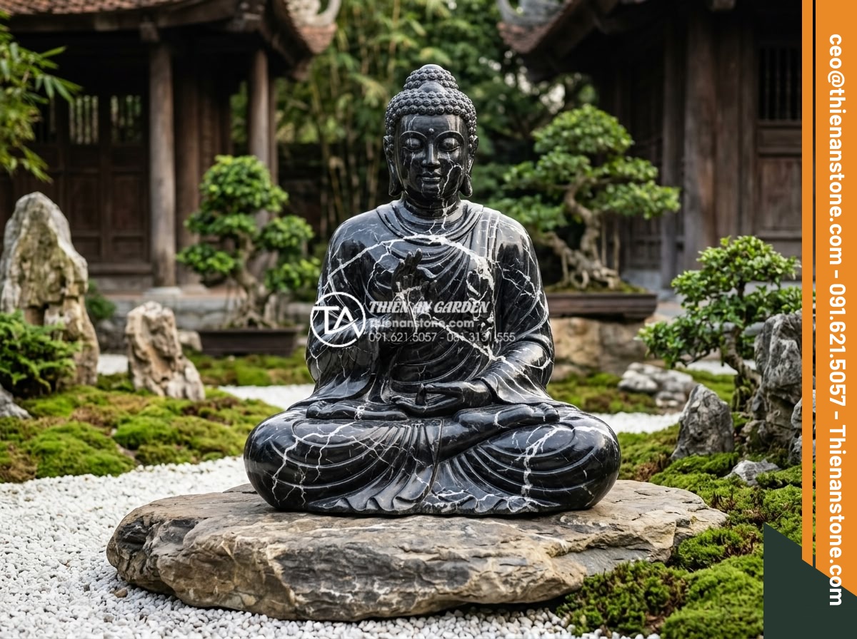 Tiểu Cảnh Tượng Phật - Hình 15 Tiểu Cảnh Tượng Phật - Meditating Shakyamuni Buddha natural stone statue on flat rock base, zen garden