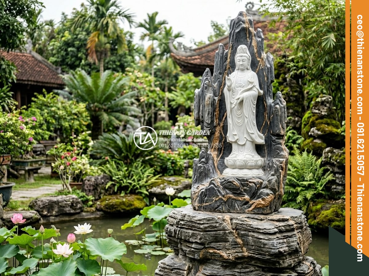 Tiểu Cảnh Tượng Phật - Hình 16 Tiểu Cảnh Tượng Phật - Guanyin Bodhisattva natural white stone statue standing tall on layered rock ped