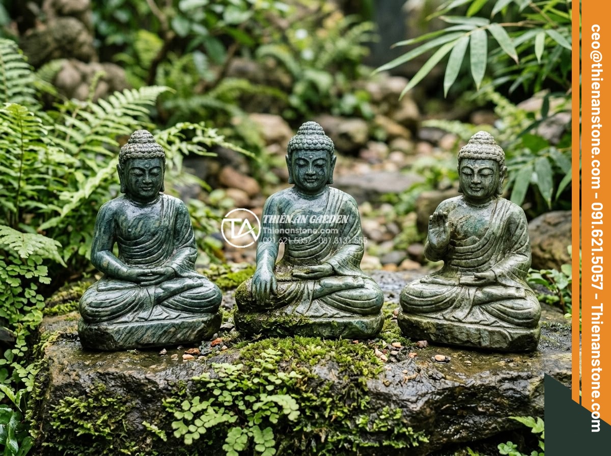 Tiểu Cảnh Tượng Phật - Hình 18 Tiểu Cảnh Tượng Phật - Set of three small hand-carved stone Buddha statues arranged on natural flat roc